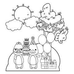 Ducks cartoons with happy birthday icon design