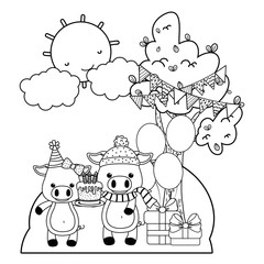 Pigs cartoons with happy birthday icon design