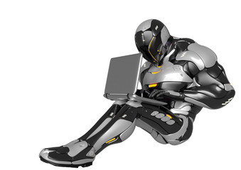 sci fi astronaut cartoon is sitting with laptop on his lap in a white background