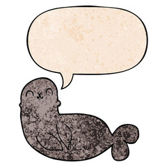 cartoon seal and speech bubble in retro texture style