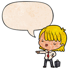 cartoon efficient businesswoman giving orders and speech bubble in retro texture style