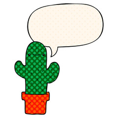 cartoon cactus and speech bubble in comic book style