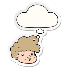 cartoon boy and thought bubble as a printed sticker