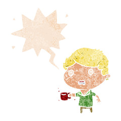 cartoon man with cup of coffee and speech bubble in retro textured style