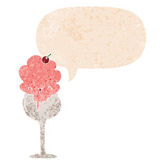 cute cartoon ice cream desert and speech bubble in retro textured style