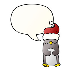 cartoon christmas penguin and speech bubble in smooth gradient style