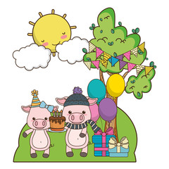 Pigs cartoons with happy birthday icon design