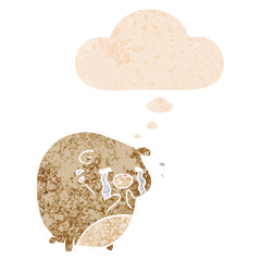 cartoon crying bear and thought bubble in retro textured style