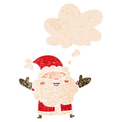 cartoon santa claus and thought bubble in retro textured style