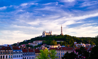 Lyon, France and the Basilica of Notre-Dame de Fourviere from Jardin des plantes.