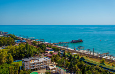 Beautiful panoramic autumn landscape at the resort city of Sochi on the Black sea coast. The view from the top.