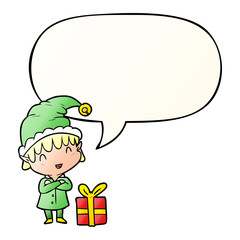 cartoon happy christmas elf and speech bubble in smooth gradient style