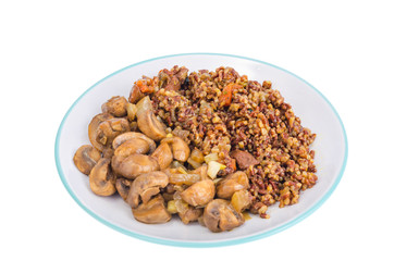 Vegetarian menu, red rice with champignons.