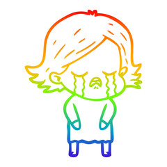rainbow gradient line drawing cartoon girl crying