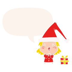 cartoon girl wearing christmas hat and speech bubble in retro style