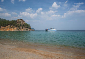 Sandy cove of Lake Baikal in Eastern Siberia, Irkutsk region