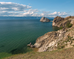 Fototapeta premium Rock Shaman Stone and cape Burhan on Olkhon Island, lake Baikal