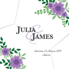 Wedding invitation template with purple flowers.