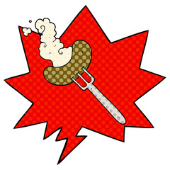 cartoon sausage on fork and speech bubble in comic book style