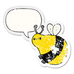 cartoon bee and speech bubble distressed sticker