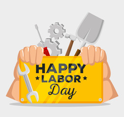 hands with emblem of labor day celebration