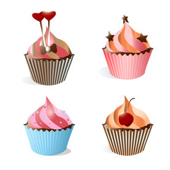 Illustration. Collection of colorful cupcakes, isolated on white background
