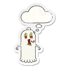 cartoon ghost with flaming eyes and thought bubble as a distressed worn sticker