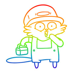 rainbow gradient line drawing cartoon cat builder stopping for lunch