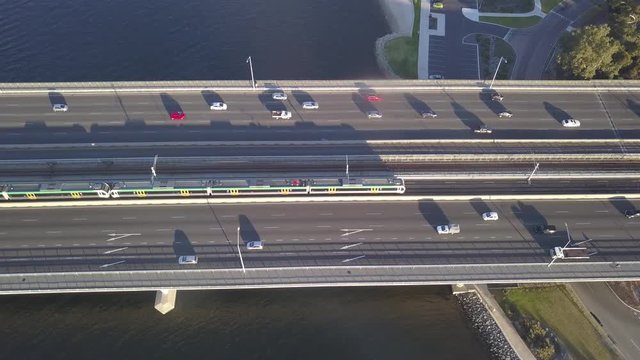 Top view of the traffic on a bridge in Perth. Aerial view of a bridge in a big Australian city