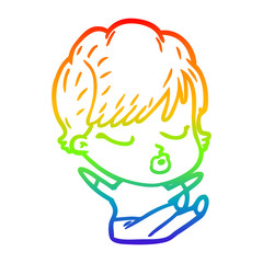 rainbow gradient line drawing cartoon woman with eyes shut