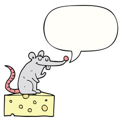 cartoon mouse sitting on cheese and speech bubble