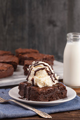 Double Chocolate Brownies Sundae with Vanilla Ice Cream on Top