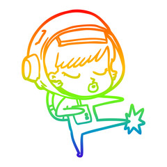 rainbow gradient line drawing cartoon pretty astronaut girl karate kicking