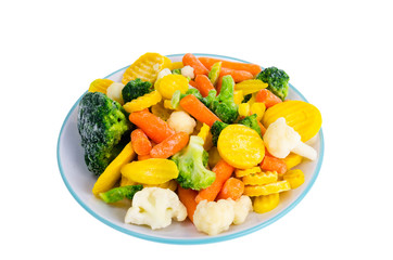 Frozen broccoli, cauliflower, red and yellow carrots. 