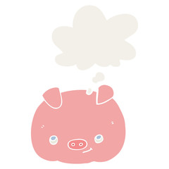 cartoon happy pig and thought bubble in retro style