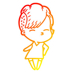 warm gradient line drawing cartoon squinting girl in dress