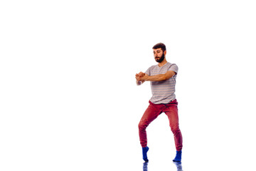 Modern boy standing isolated on white background