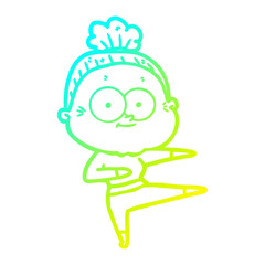 cold gradient line drawing cartoon happy old woman