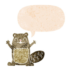 cartoon beaver and speech bubble in retro textured style