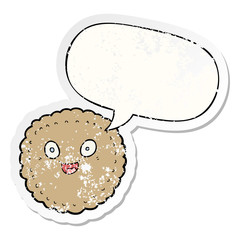 cartoon biscuit and speech bubble distressed sticker