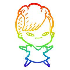 rainbow gradient line drawing cute cartoon girl with hipster haircut