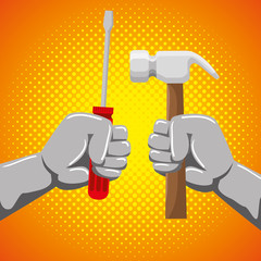 hands with screwdriver and hammer professional worker