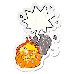 cartoon flaming halloween pumpkin and speech bubble distressed sticker