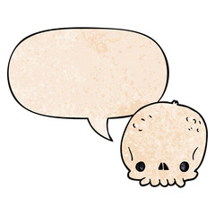 cartoon skull and speech bubble in retro texture style