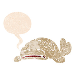 cartoon sad old fish and speech bubble in retro textured style