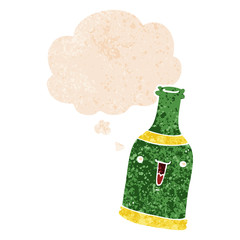 cartoon beer bottle and thought bubble in retro textured style
