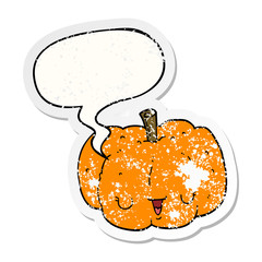 cartoon pumpkin and speech bubble distressed sticker