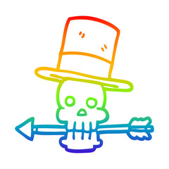 rainbow gradient line drawing cartoon skull and arrow