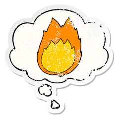 cartoon flames and thought bubble as a distressed worn sticker