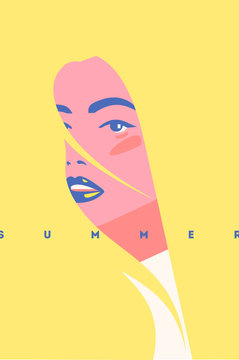 Summer fashion portrait of a blondie model girl. Retro trendy yellow color poster or flyer.